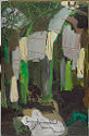 A painting in shades of green and brown with blocks of gray, off-white and white.