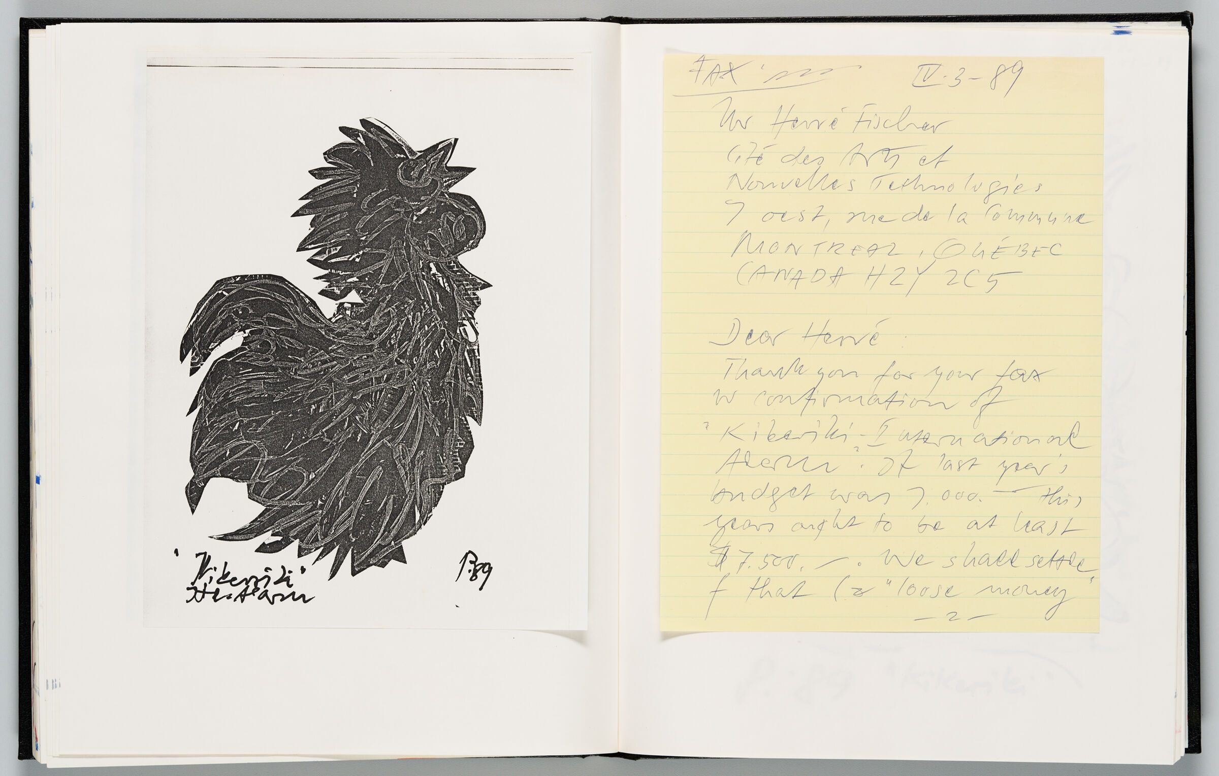Untitled (Photocopy Of Rooster Sketch Cutout, Left Page); Untitled (Page Of Letter, Right Page)