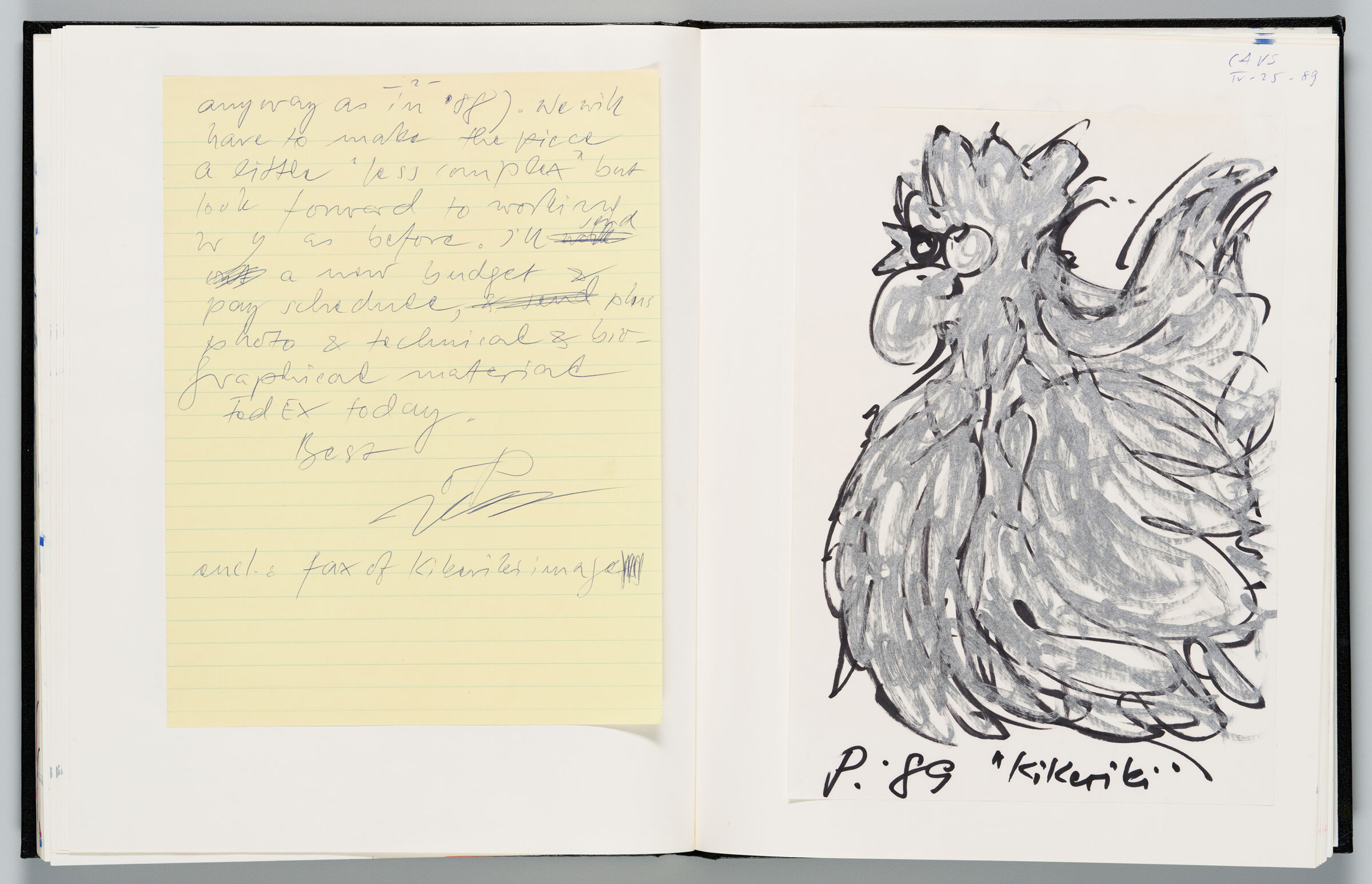 Untitled (Page Of Letter, Left Page); Untitled (Drawing Of Rooster On Paper, Right Page)