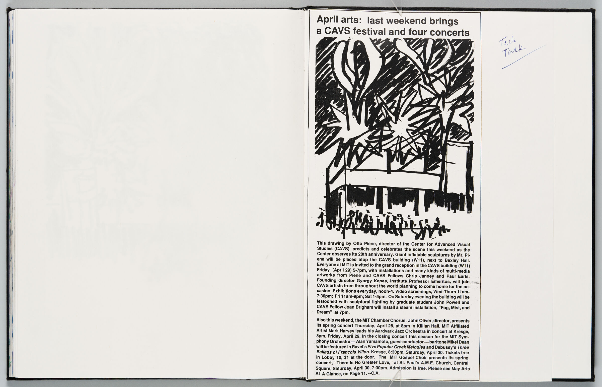 Untitled (Bleed-Through Of Previous Page, Left Page); Untitled (B/W Copy Of Mit Tech Talk Article On Cavs' 20Th Anniversary Celebrations With Piene's Sketch As Illustration, Right Page)