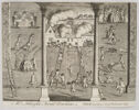 
An engraving depicts numerous animals dressed as and acting as humans. In the center of the image, several animals climb a ladder over a wall in front of a smoking building. 