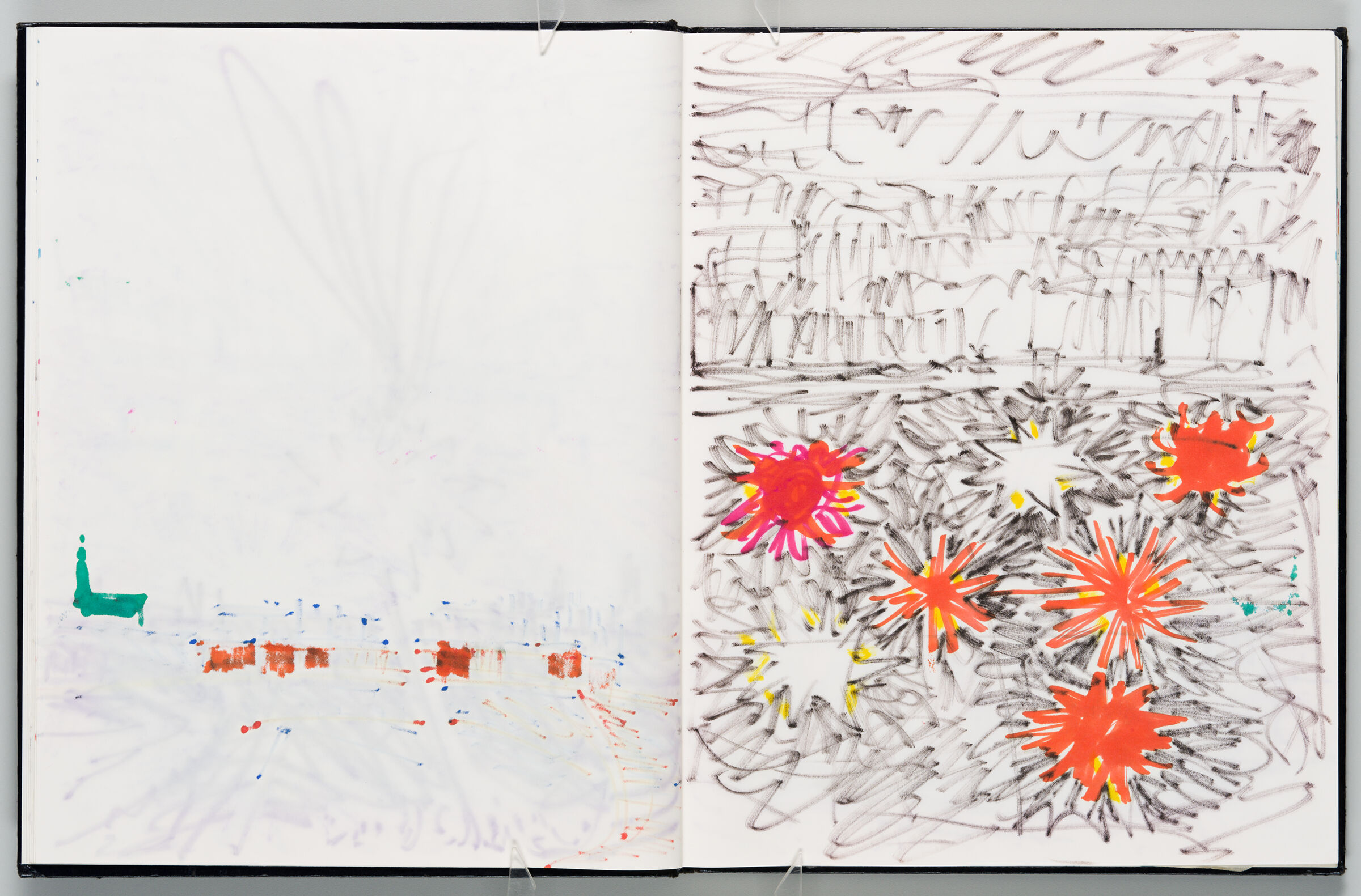 Untitled (Bleed-Through Of Previous Page With Color Transfer, Left Page); Untitled (Star Burst Designs For Installation At Obscure In Quebec City, Right Page)