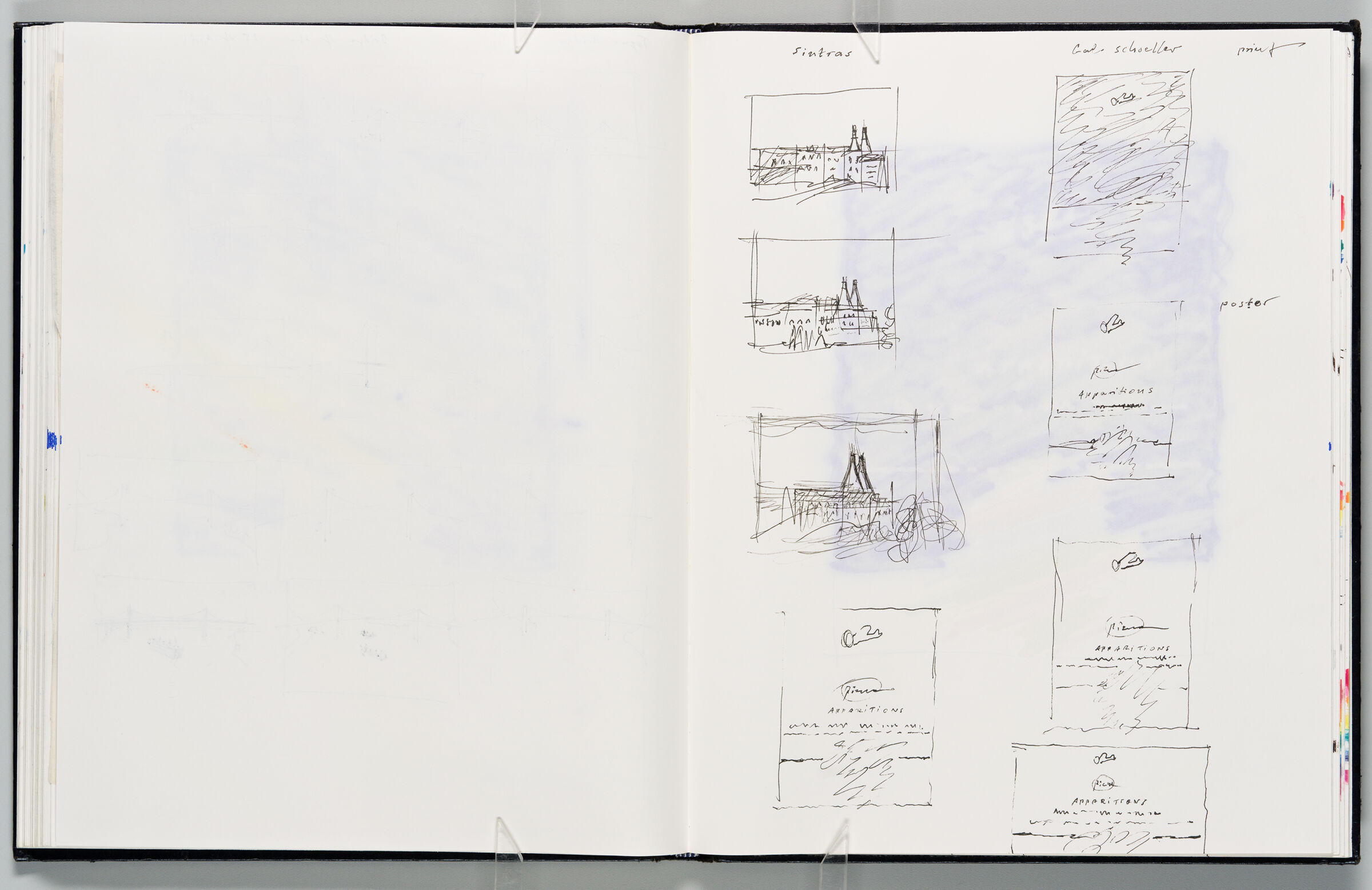 Untitled (Blank With Color Transfer, Left Page); Untitled (Sketches Of Sintras, Prints, And Poster With Color Transfer, Right Page)