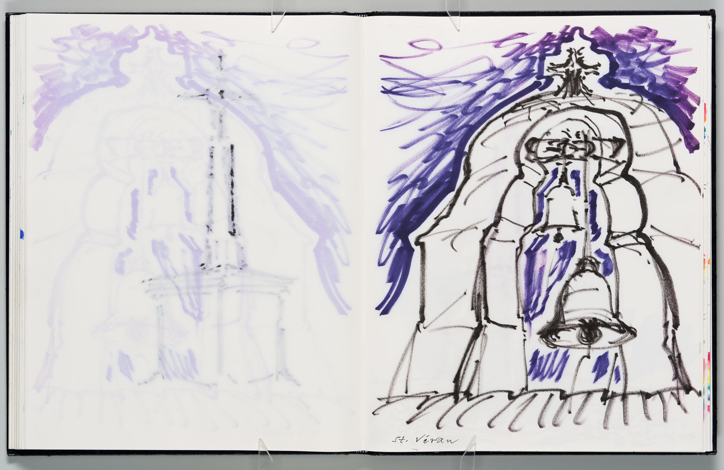Untitled (Bleed-Through Of Previous Page With Color Transfer, Left Page); Untitled (St. Véran Church Bells, Right Page)