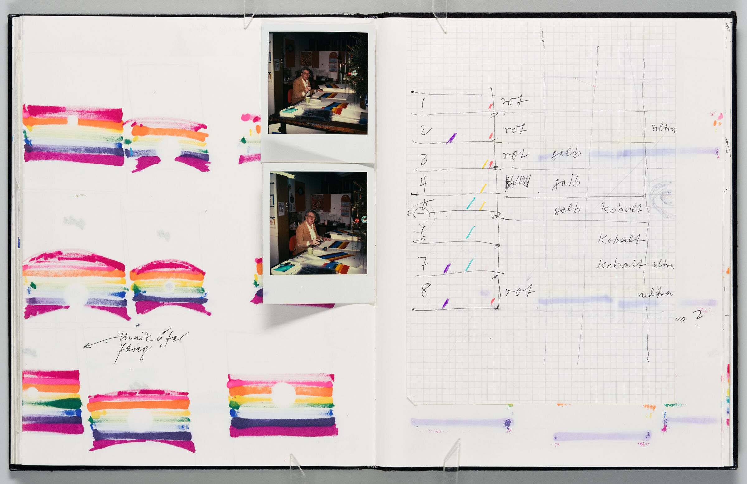 Untitled (Bleed-Through Of Previous Page With Note And Adhered Polaroids Of Artist Signing Prints, Left Page); Untitled (Adhered Notes On Graph Paper With Notes On Sketchbook Page, Right Page)