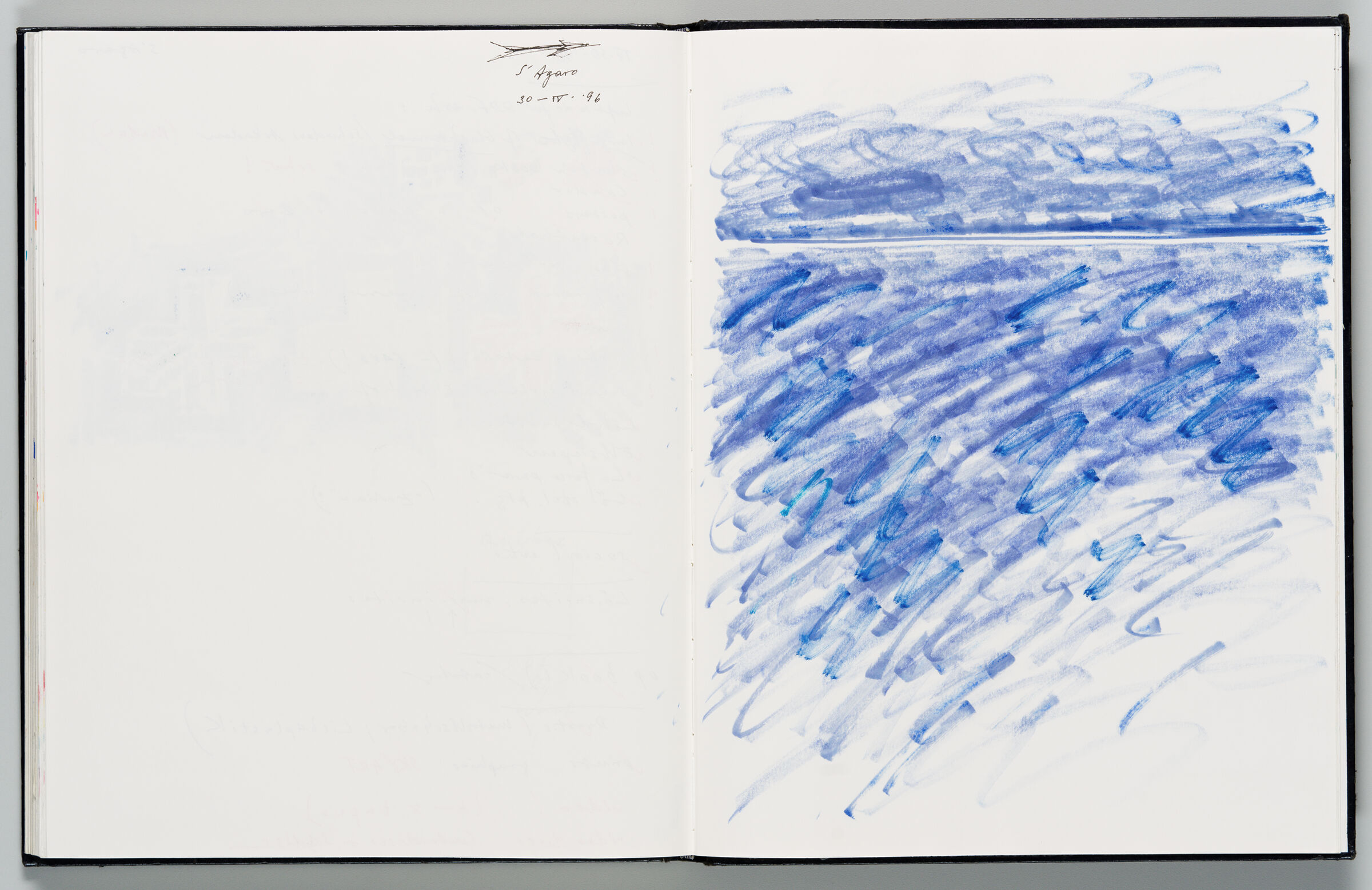 Untitled (Blank With Note And Stray Marks, Left Page); Untitled (Landscape In Blue, Right Page)