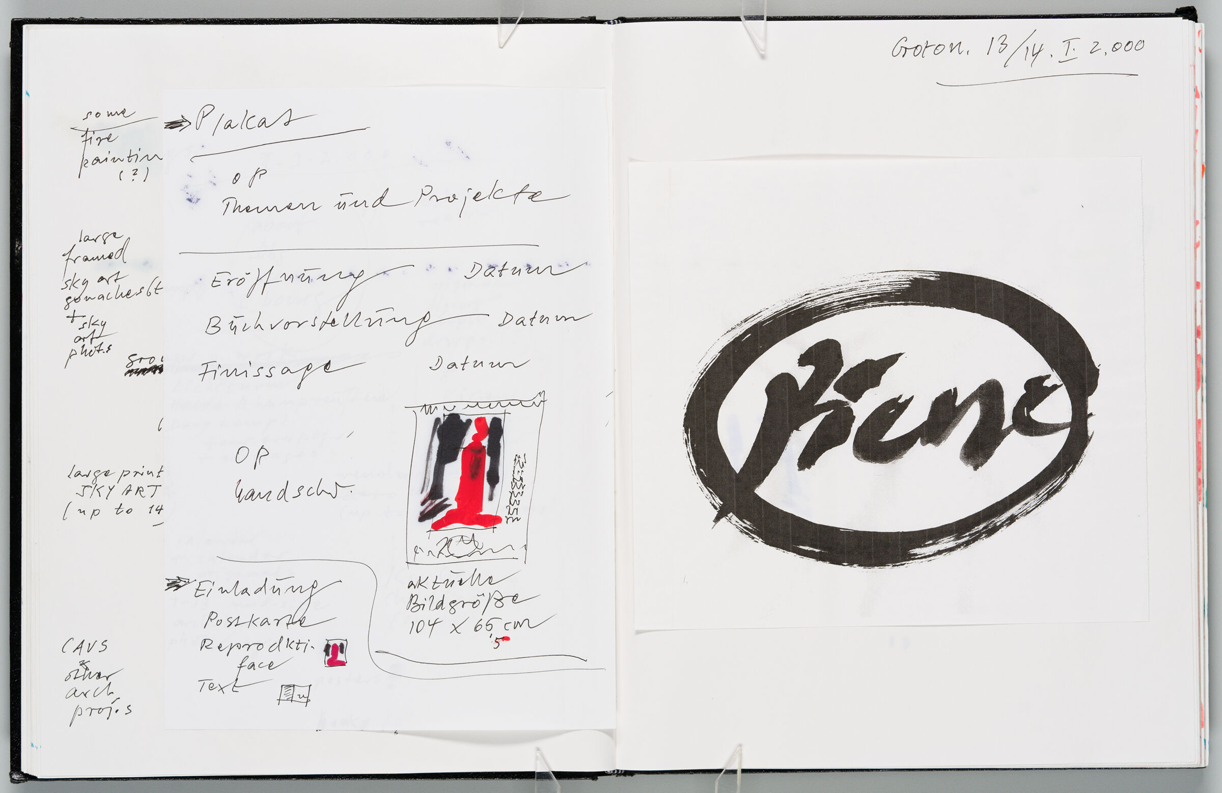 Untitled (Notes And Adhered Sheet With Notes On Exhibition Preparations, Left Page); Untitled (Adhered Sheet With Signature, Right Page)