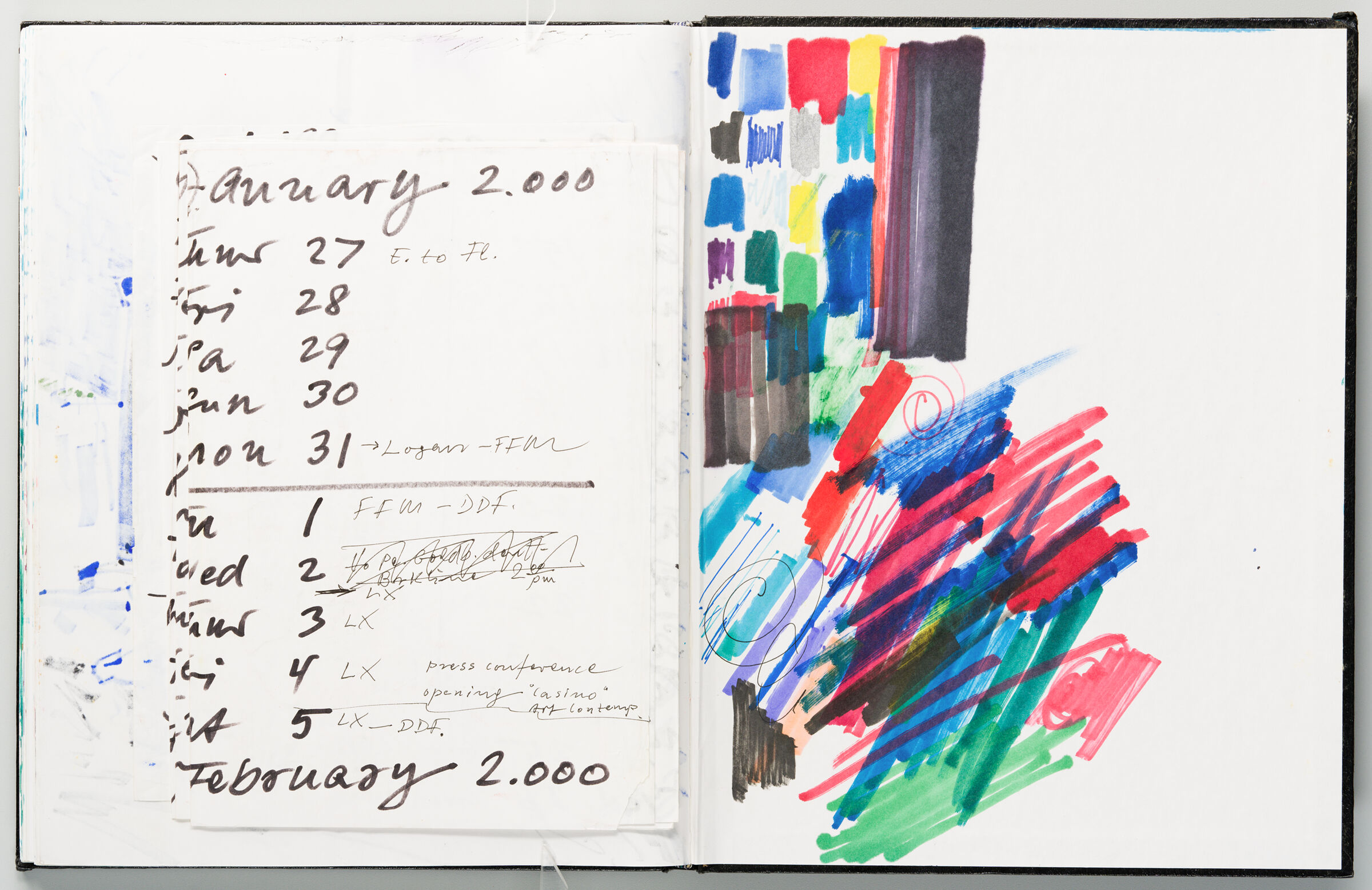Untitled (Bleed-Through Of Previous Page And Adhered Calendar Pages, Left Page); Untitled (Marker Tests On Back Endpaper, Right Page)