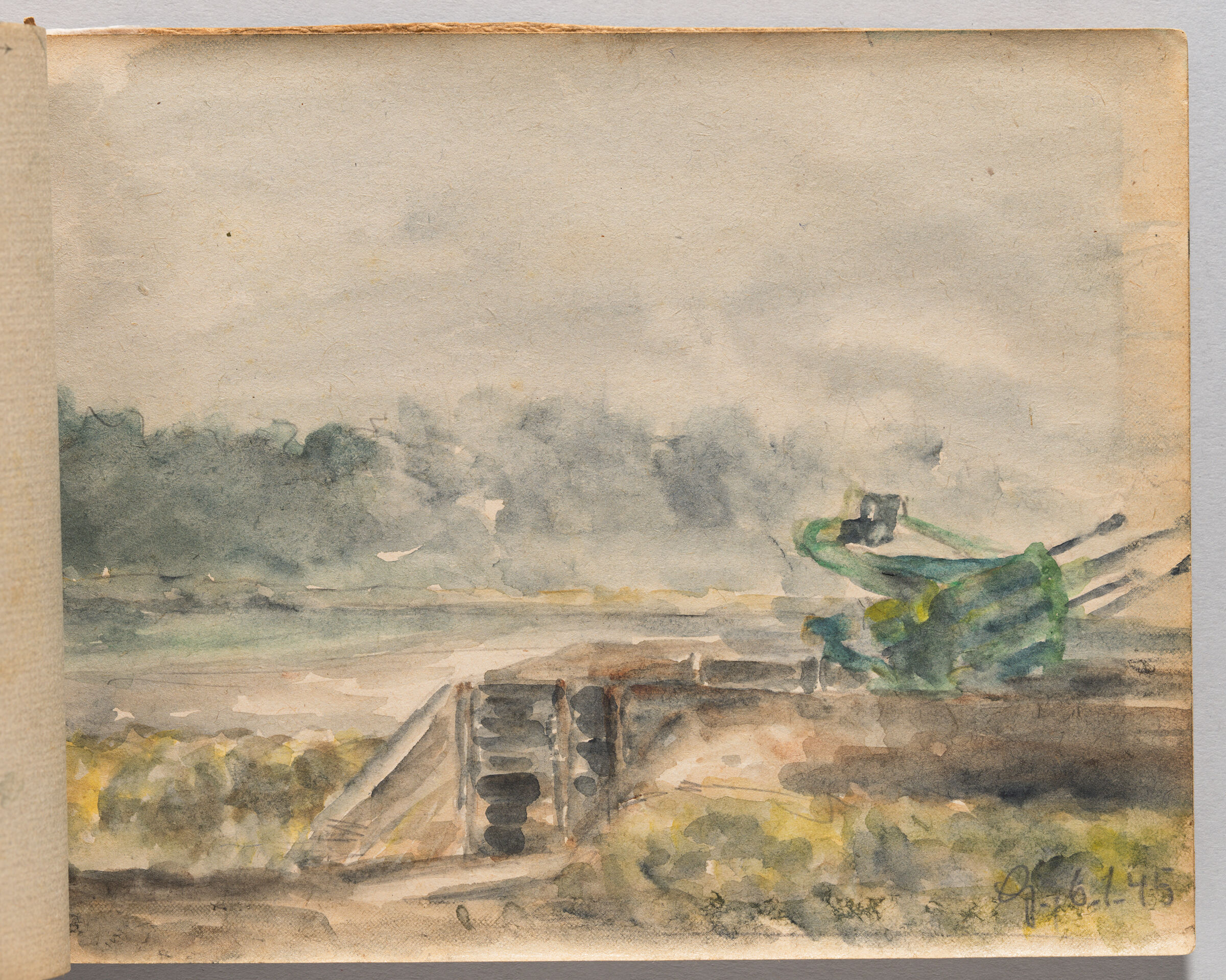 Untitled (Blank, Left Page); Untitled (Field With Tank, Right Page)