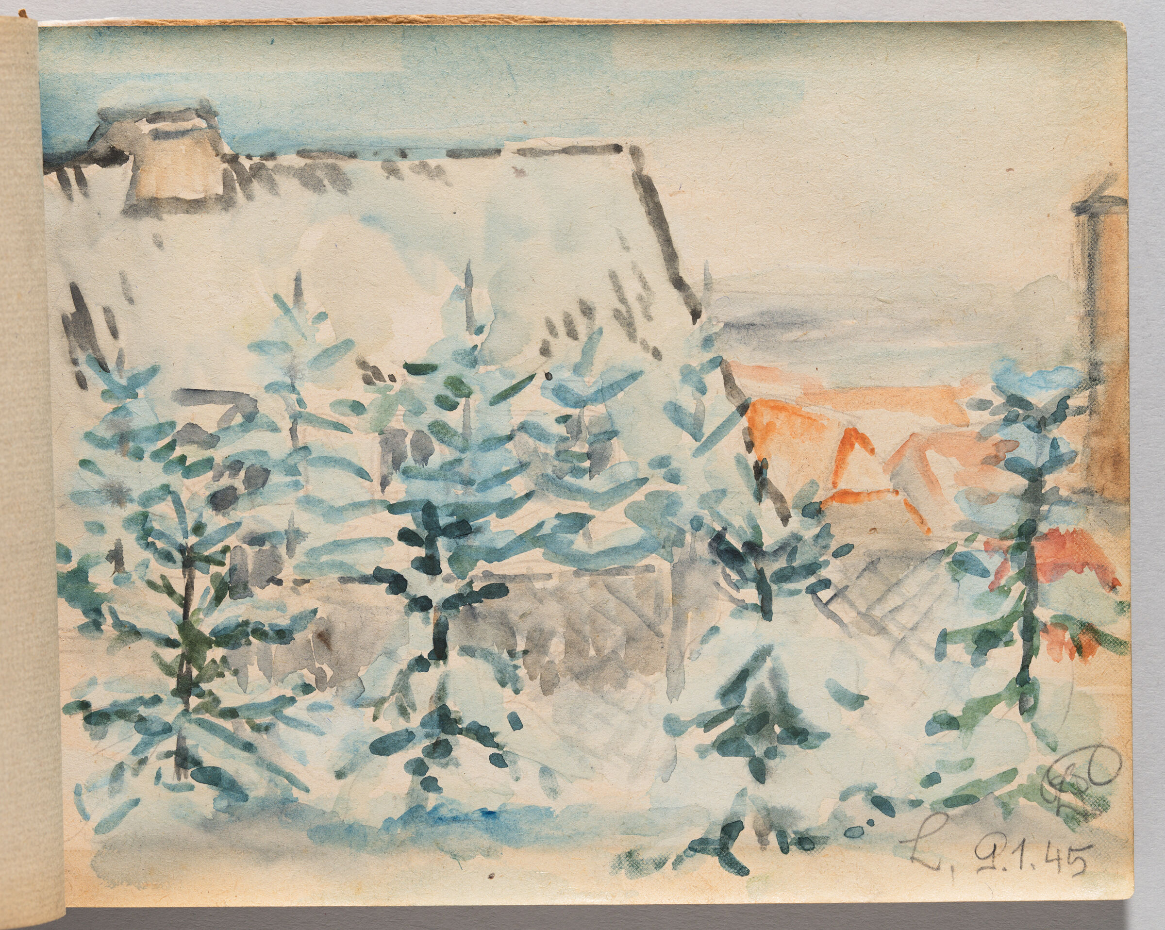 Untitled (Blank, Left Page); Untitled (Houses In Snow, Right Page)
