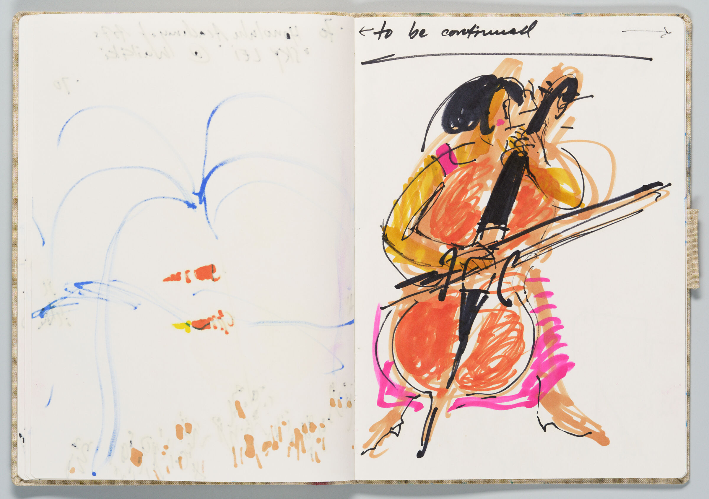 Untitled (Bleed-Through Of Previous Page, Left Page); Untitled (Sketch Of Sky Event, Charlotte Moorman With Cello, Right Page)