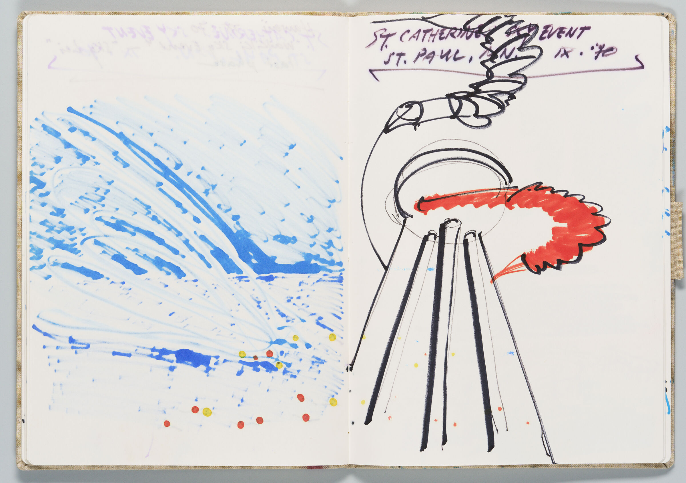 Untitled (Bleed-Through Of Previous Page With Color Transfer, Left Page); Untitled (Sketch Of Past Sky Event With Color Transfer, Right Page)