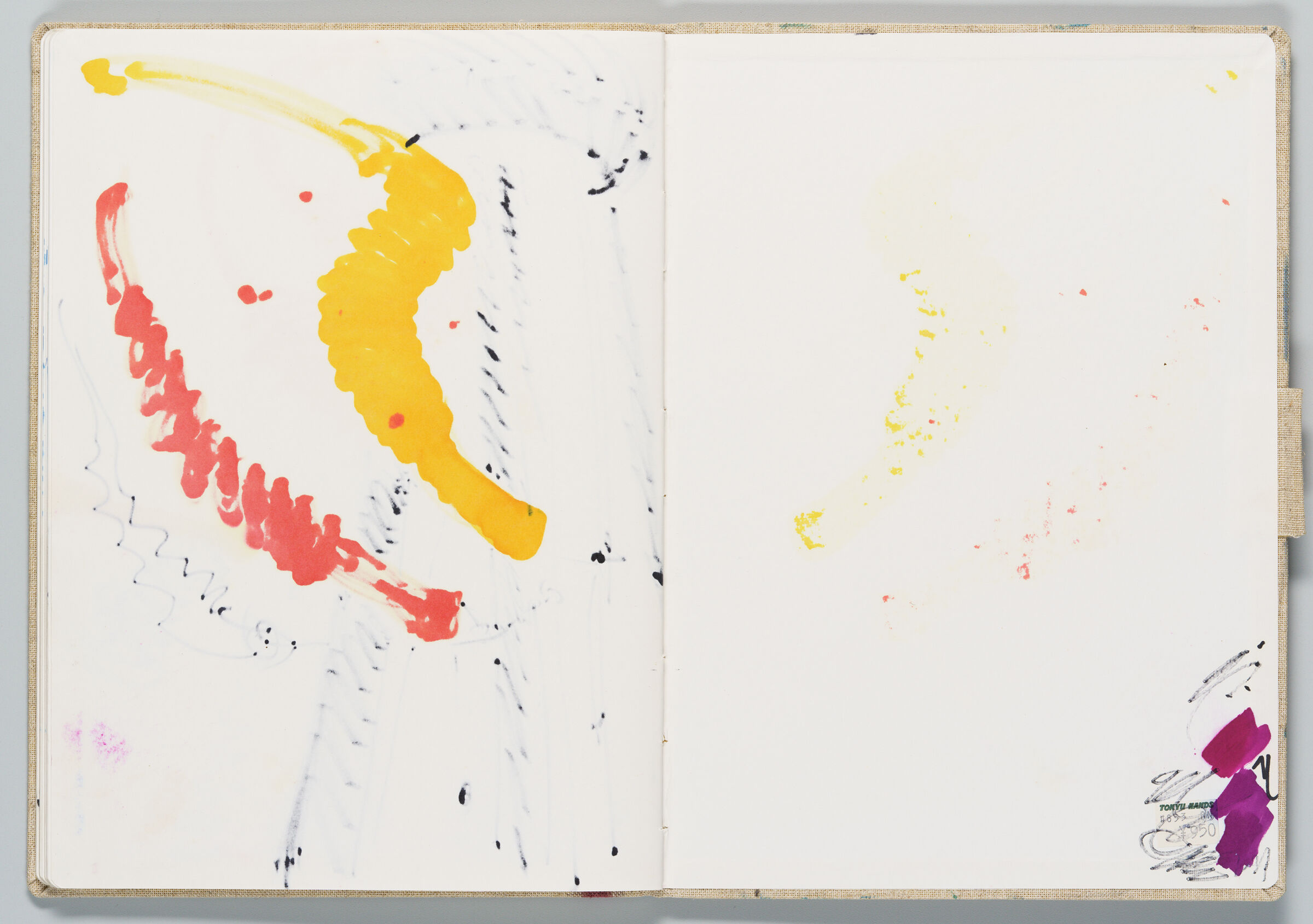Untitled (Bleed-Through Of Previous Page With Color Transfer, Left Page); Untitled (Back Endpaper With Marker Tests, Color Transfer, And Price Sticker, Right Page)