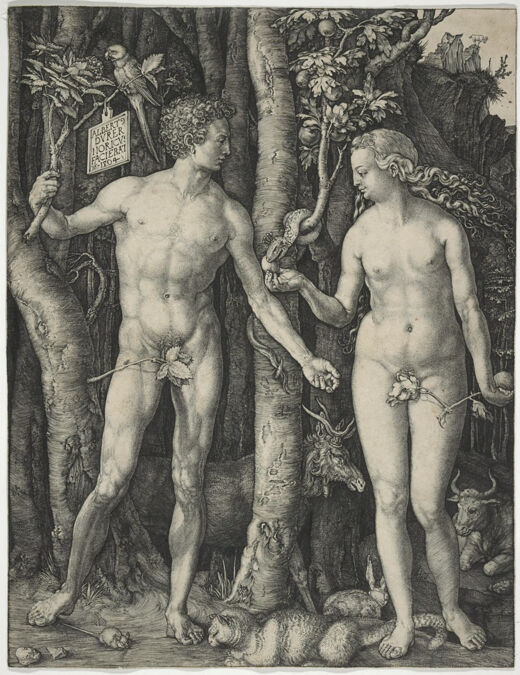 A male and female nude stand together in front of a tree, fig leaves cover midsections, snake in center.