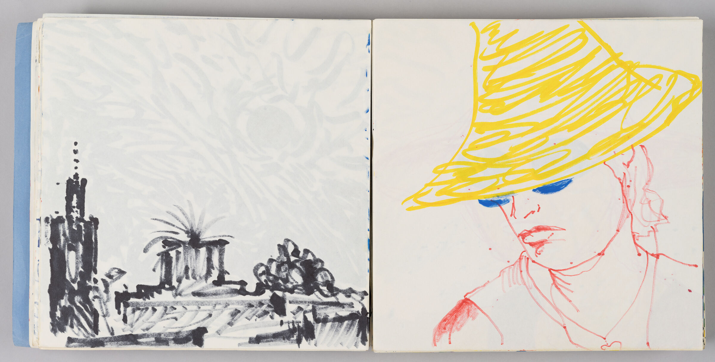 Untitled (Bleed-Through Of Previous Page And Color Transfer, Left Page); Untitled (Portrait Of Female Figure [Elizabeth] In A Hat, Right Page)
