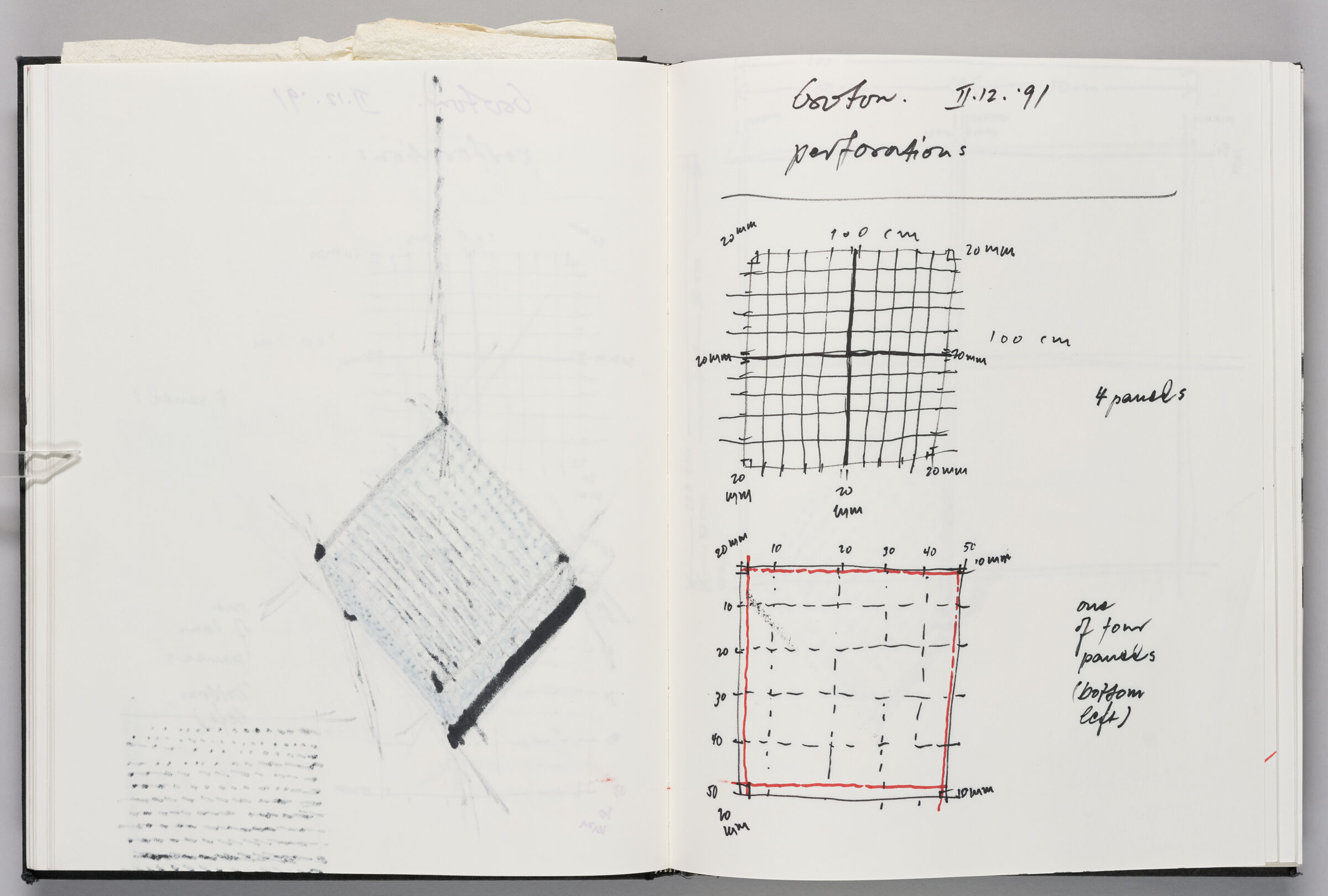 Untitled (Bleed-Through Of Previous Page And Color Transfer, Left Page); Untitled (Notes And Measurements For Light Sculptures And Positioning Of Perforations, Right Page)