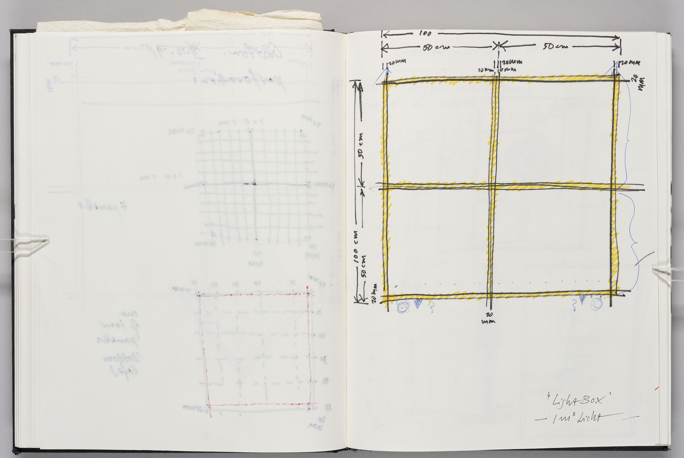 Untitled (Bleed-Through Of Previous Page And Color Transfer, Left Page); Untitled (Notes And Measurements For Light Sculpture, Right Page)