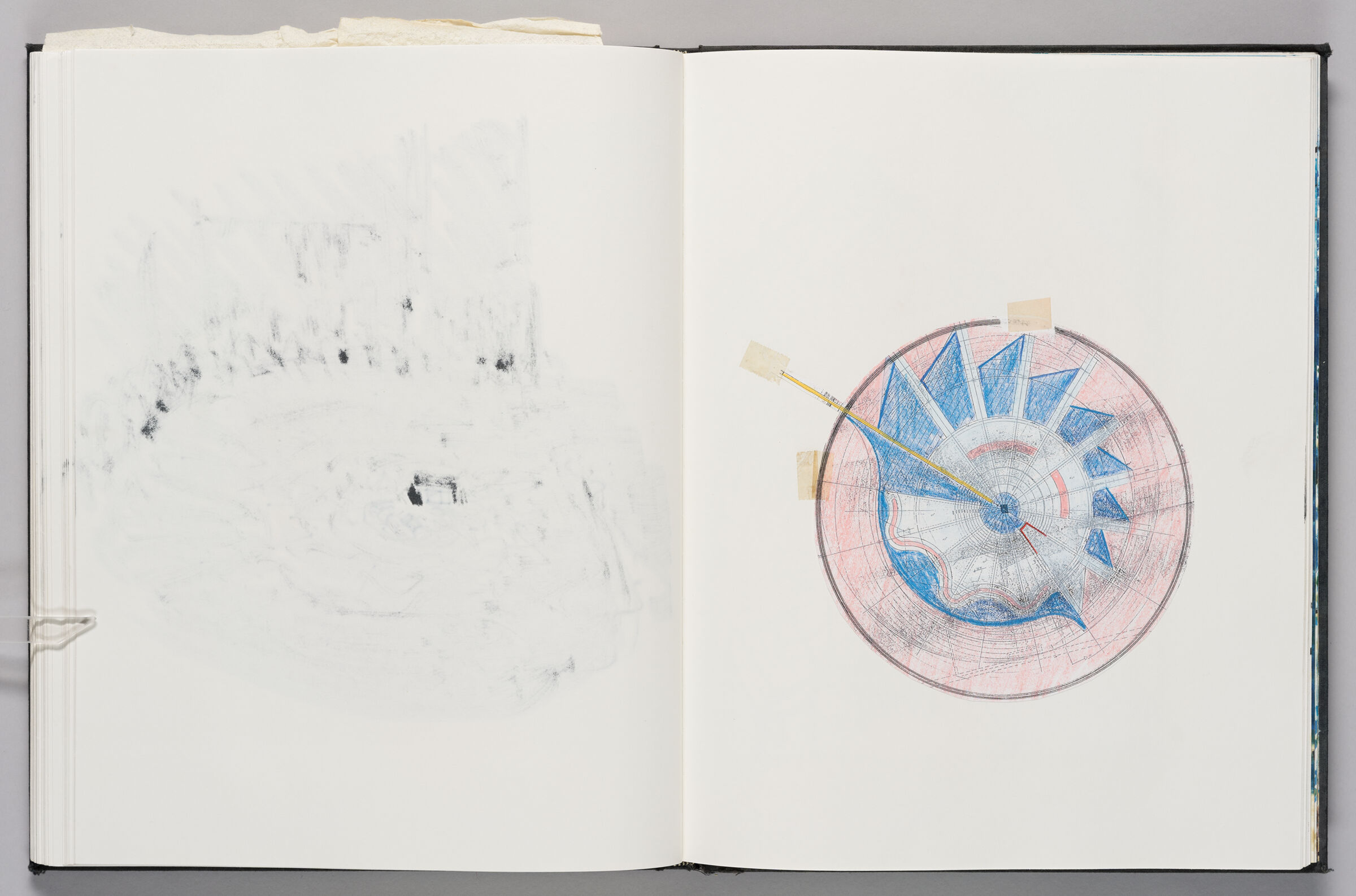 Untitled (Bleed-Through Of Previous Page, Left Page); Untitled (Adhered Sketch Of Media Park Fountain Aerial View, Right Page)
