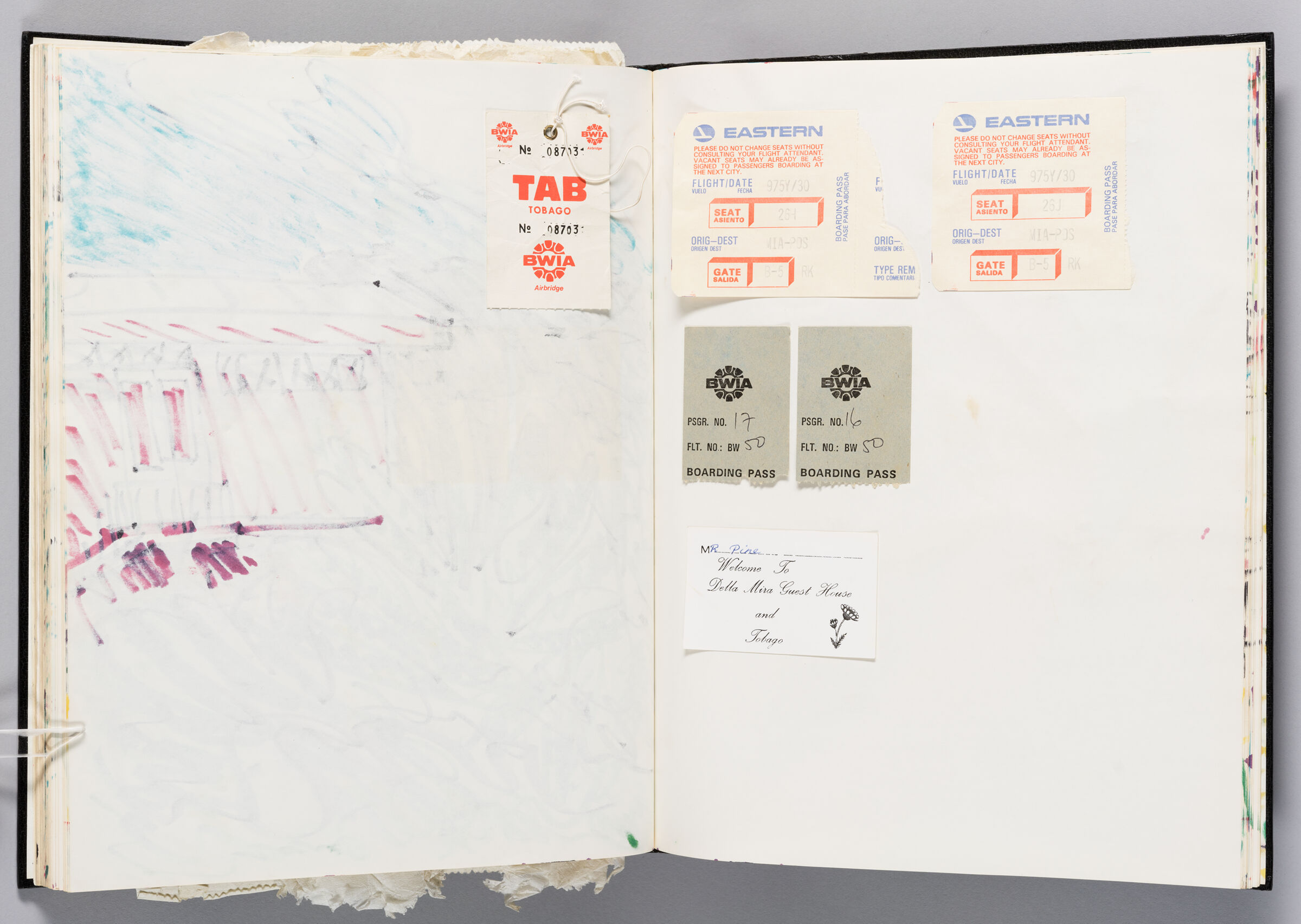 Untitled (Bleed-Through Of Previous Page And Luggage Tag, Left Page); Untitled (Adhered Travel Documents, Right Page)