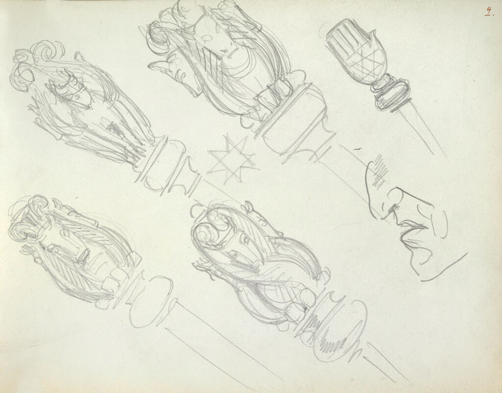 Studies Of Staff Heads And Profile Study, For The Synagogue, Boston Public Library; Verso: Three Studies For The Synagogue's Crown