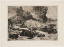 
A black and white print shows a rural road filled with overturned carts, dead men, and dead horses. 