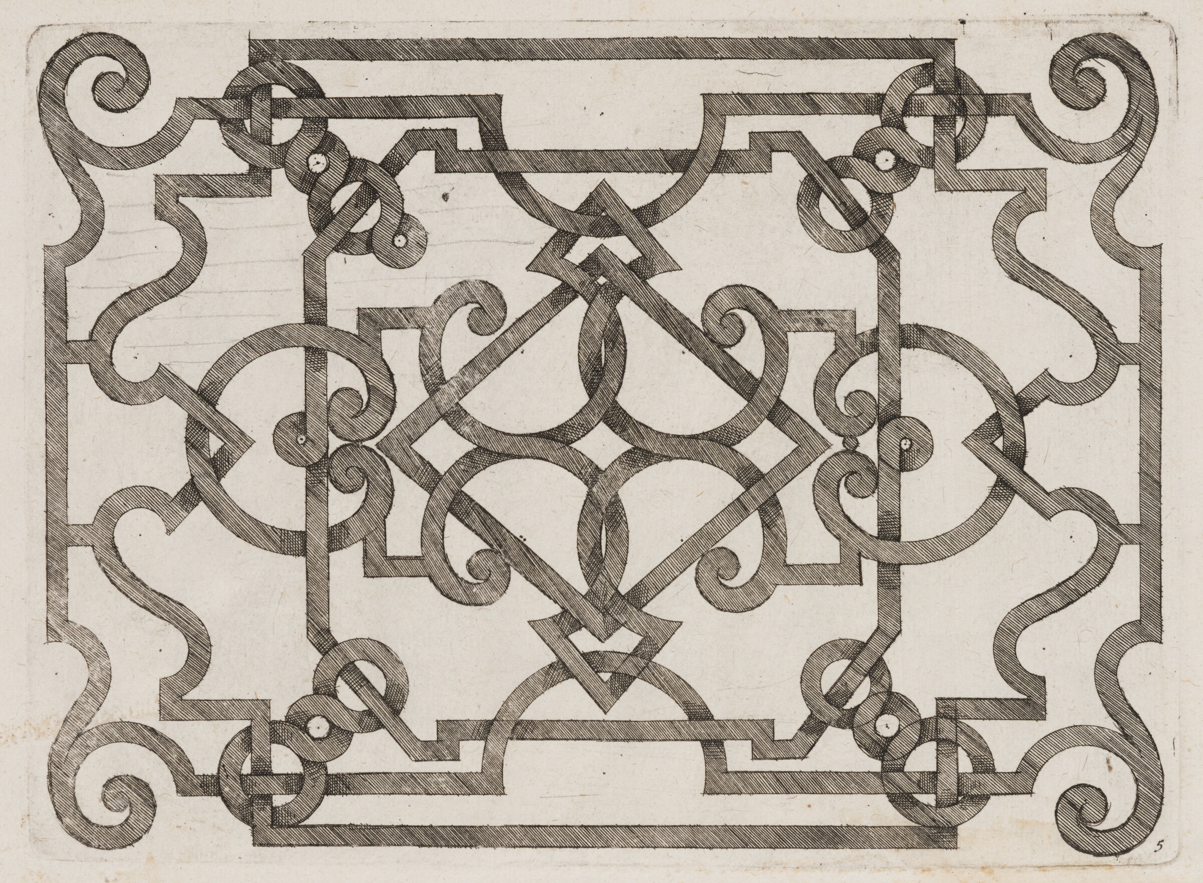 Interlace With Scrolls At Corners, Centered By A Horizontal Lozenge