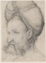 Drawn, monochromatic portrait of a man with a curled beard and turban atop his head. 