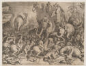 
A black and white print portrays a battle between men riding horses and elephants.