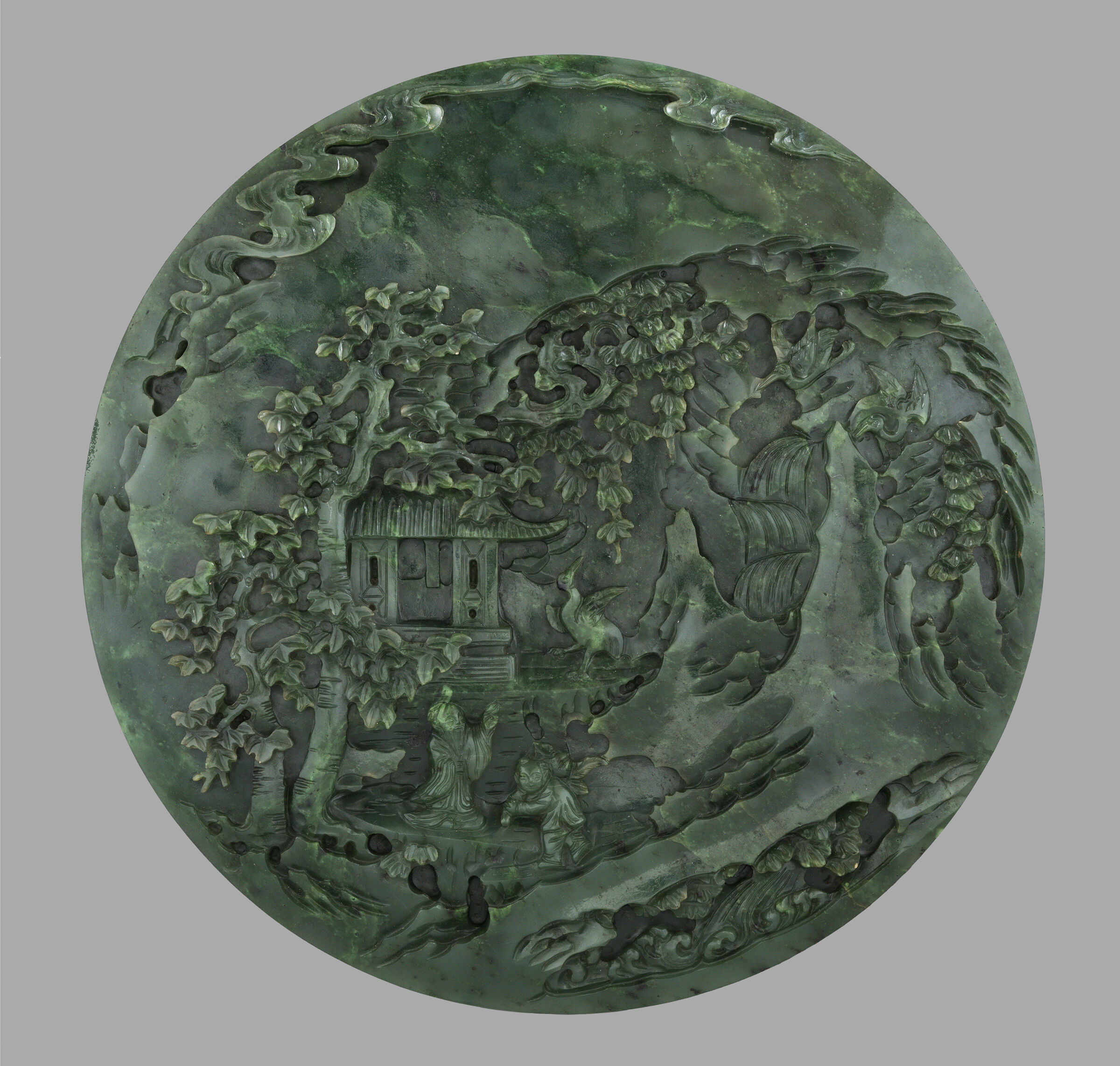 Jade Circular Table Screen With Decoration Of Figures In A Landscape On The Front And Trees And Mountains On The Back