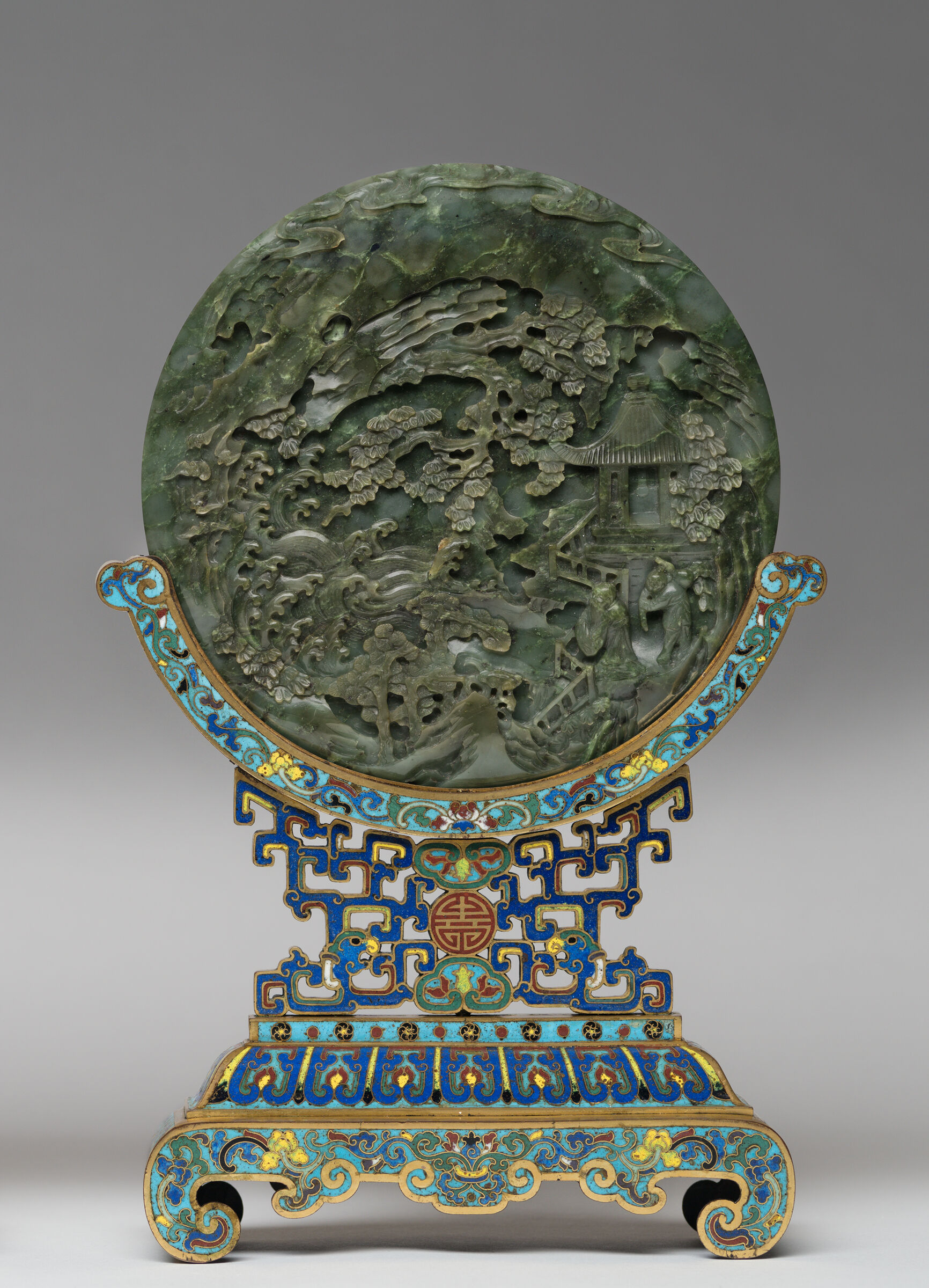 Jade Circular Table Screen With Decoration Of Figures In A Landscape On The Front And Trees And Mountains On The Back, Mounted On A Cloisonné Stand