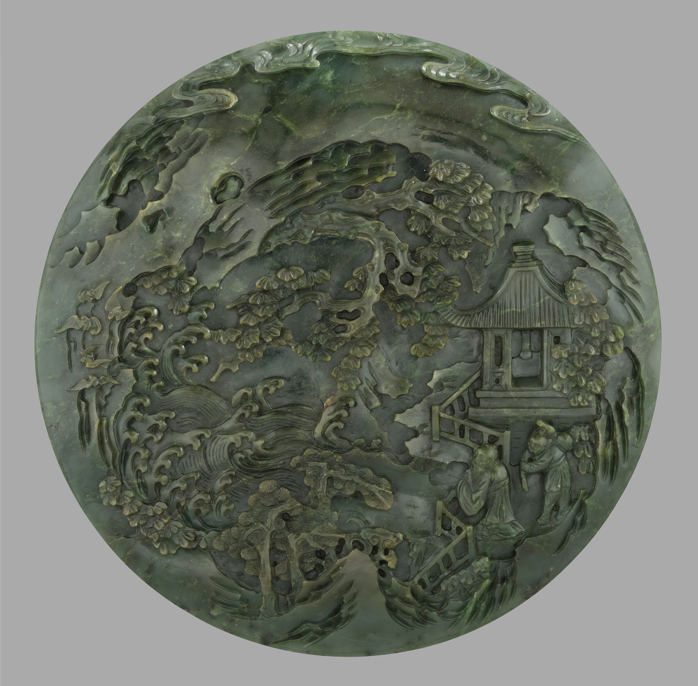 Jade Circular Table Screen With Decoration Of Figures In A Landscape On The Front And Trees And Mountains On The Back