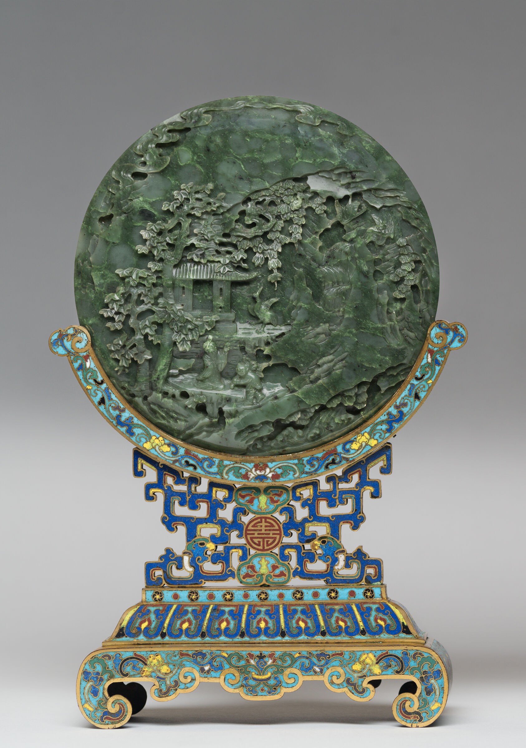 Jade Circular Table Screen With Decoration Of Figures In A Landscape On The Front And Trees And Mountains On The Back, Mounted On A Cloisonné Stand
