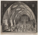 
Two joined black and white prints portray a fair held in a large hall. 
 