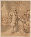 Sepia-toned drawing of a man in a tent, standing at a table featuring maps and a globe. 
