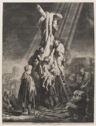 
A black and white print portrays a dead man being taken down from the cross on which he was killed. 
 