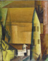 An abstract oil painting of buildings.