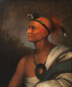 
A painted portrait of an Indigenous person wearing a headdress.