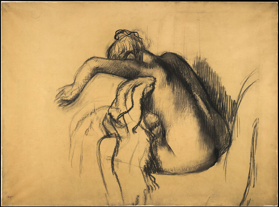 A nude woman seated, raising her arm and wiping herself with a towel