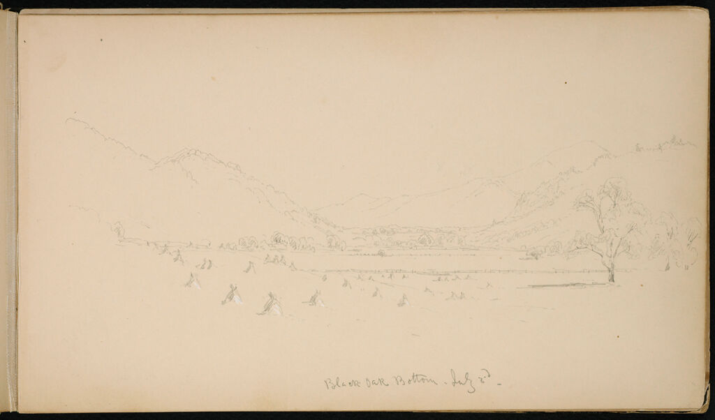 Encampment At Black Oak Bottom; Verso: Two Men In Rocky Forest; Figure Leaning Over A Rock