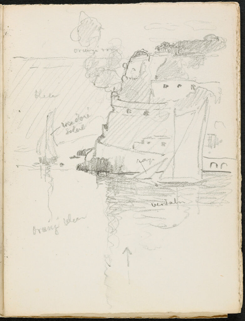 Blank Page; Verso: Sketch Of A Bay With Rocks And Sailing Boats