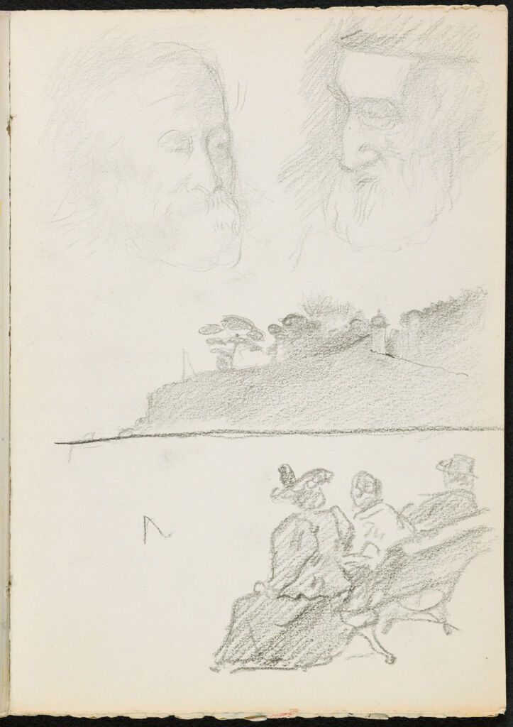 Study Of Heads, A Landscape, And Figures On A Bench; Verso: Blank Page