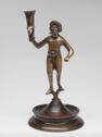 Bronze figure of man on pedestal with candle holder in right hand