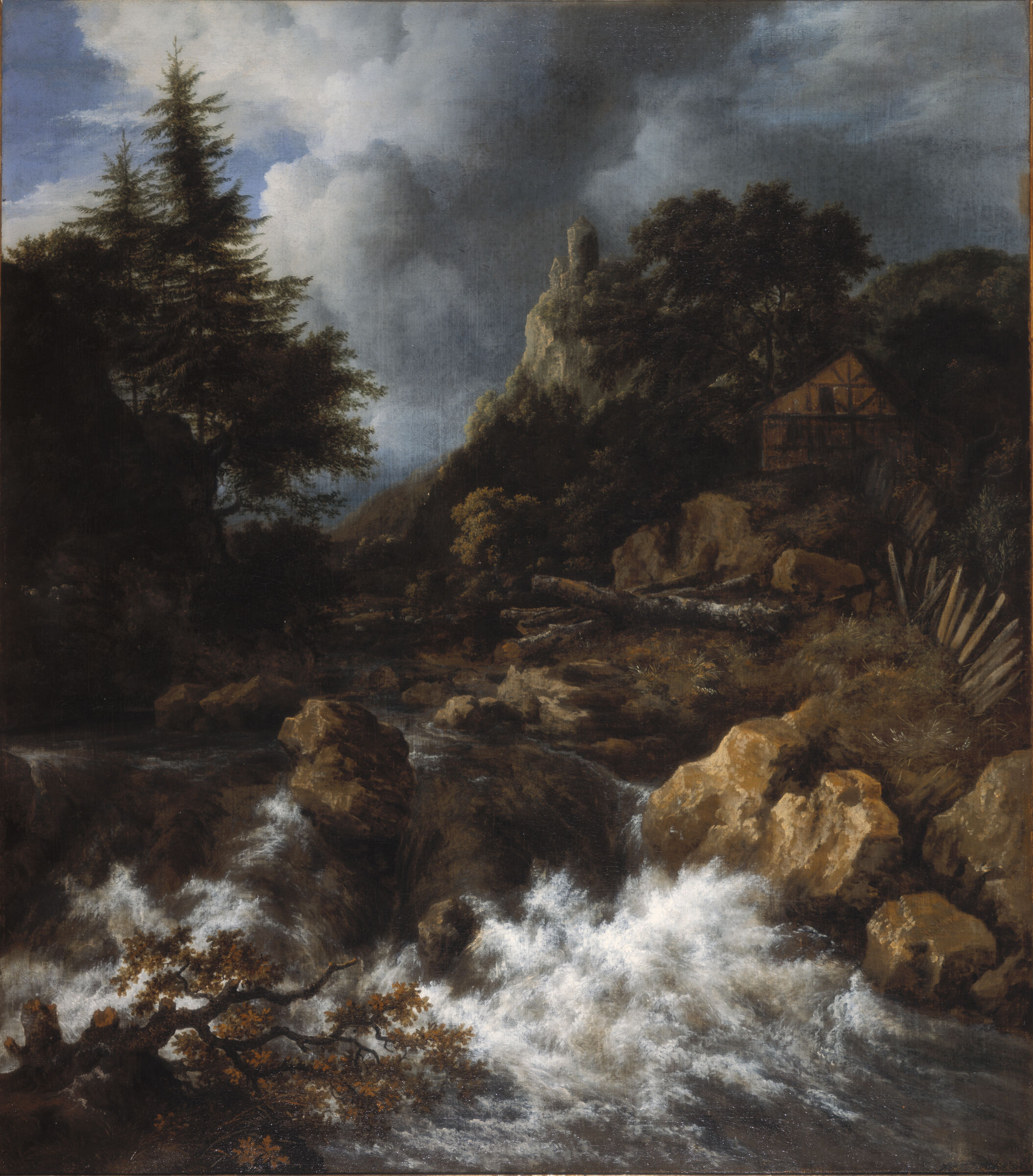 Waterfall With A Half-Timbered House And Castle