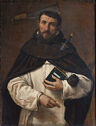 Man in friar’s habit with meat cleaver in skull