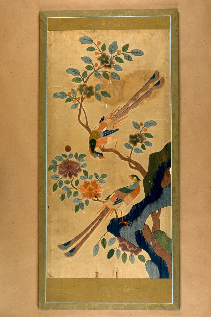 Embroidered Screen (In Two Sections) With Birds And Flowers