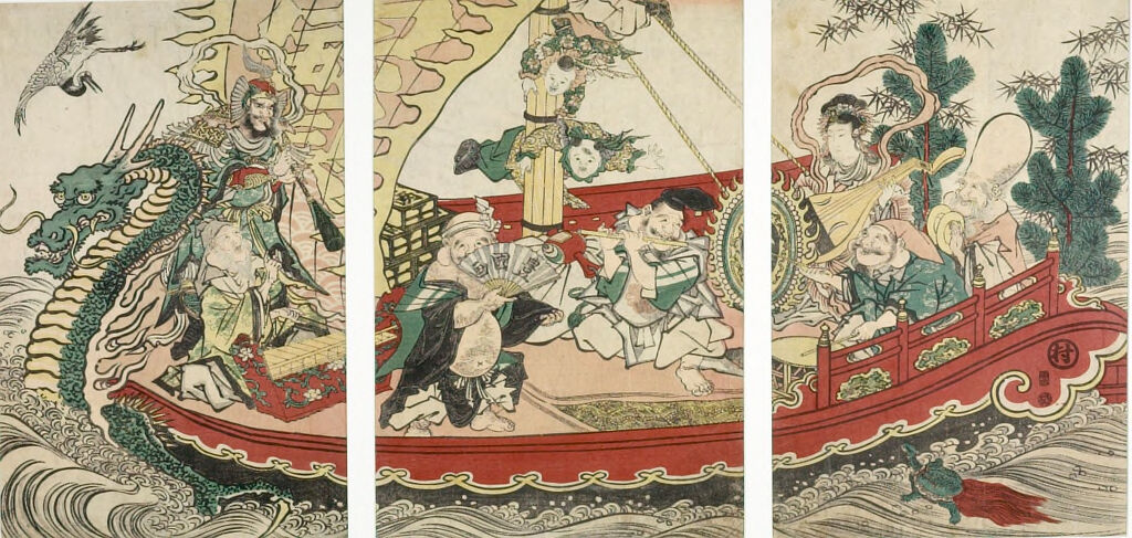 Triptych: Seven Gods Of Good Fortune (Shichifukujin) Playing Music And Dancing In The Ship Of Treasures (Takarabune)