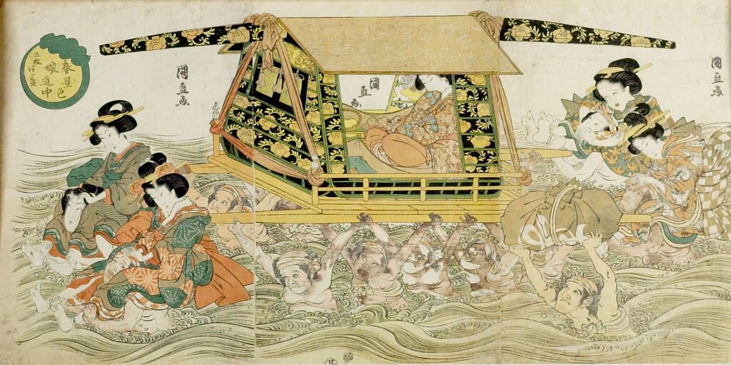 Triptych: Woman Carried Across Water In Palanquin (Harugeshiki Musume Dochu Sanmai Tsuzuki)
