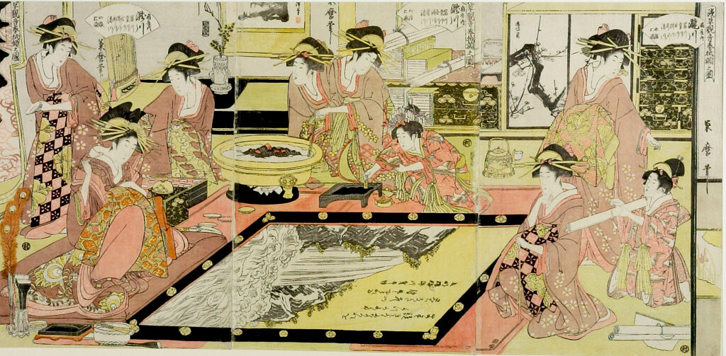 Triptych: Courtesans Writing On Gaku As Offerings To The Temple Asakusa (Asakusa Kannon Hōshoku-Gaku No Zu)