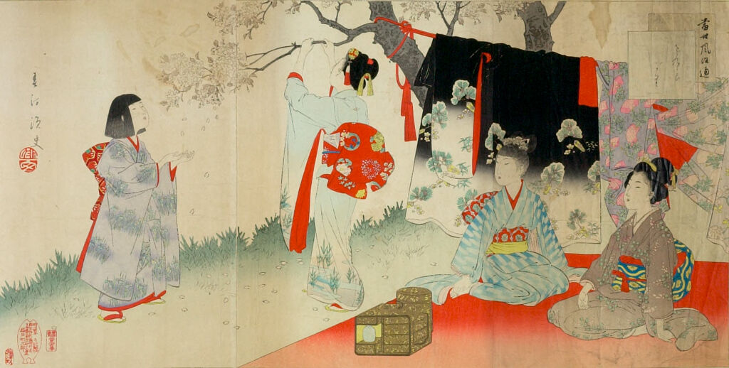 Triptych: Village Of Cherry Blossoms, From The Series Esteemed Towns And Villages (Tōsei Furaku Tsū)