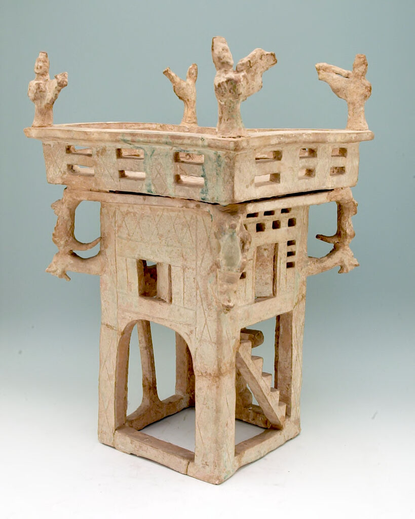 Section From A Tomb Furnishing In The Form Of A Three-Storied Watchtower (First Storey And Balustraded Balcony Of Second Storey With Seated Figure And Four Archers)